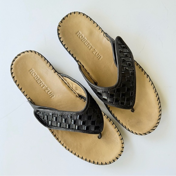 Robert Zur Lillie Black Woven Leather Adjustable Thong Sandals Size 8 - Picture 1 of 10